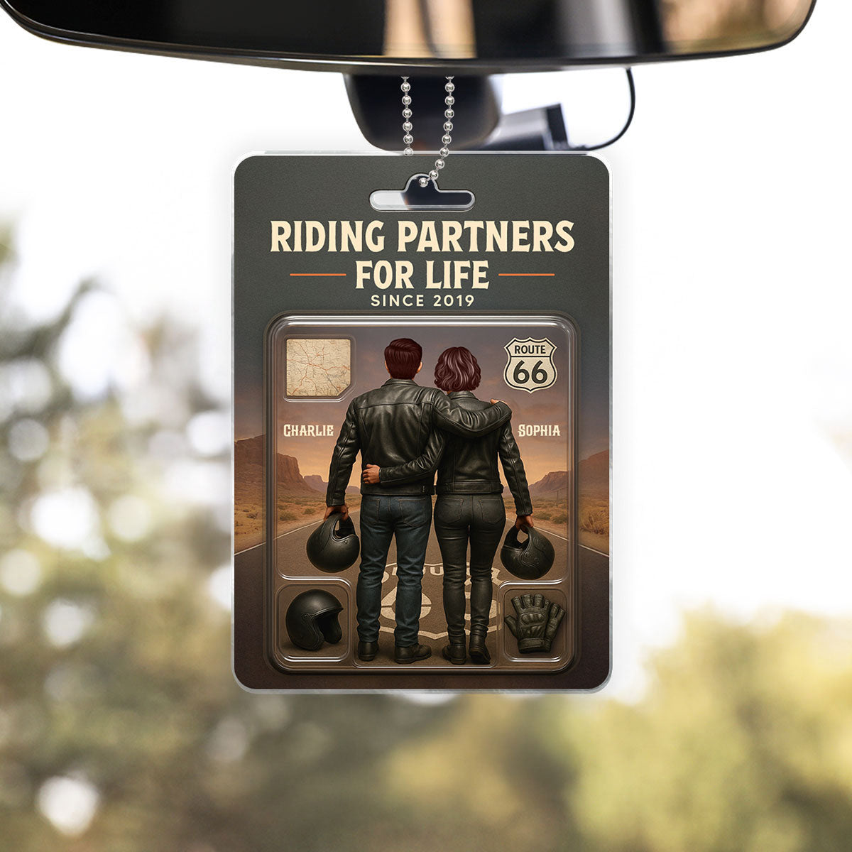 3D Effect Custom Figure Couple Bikers Riding Partners For Life Personalized Acrylic Car Hanger