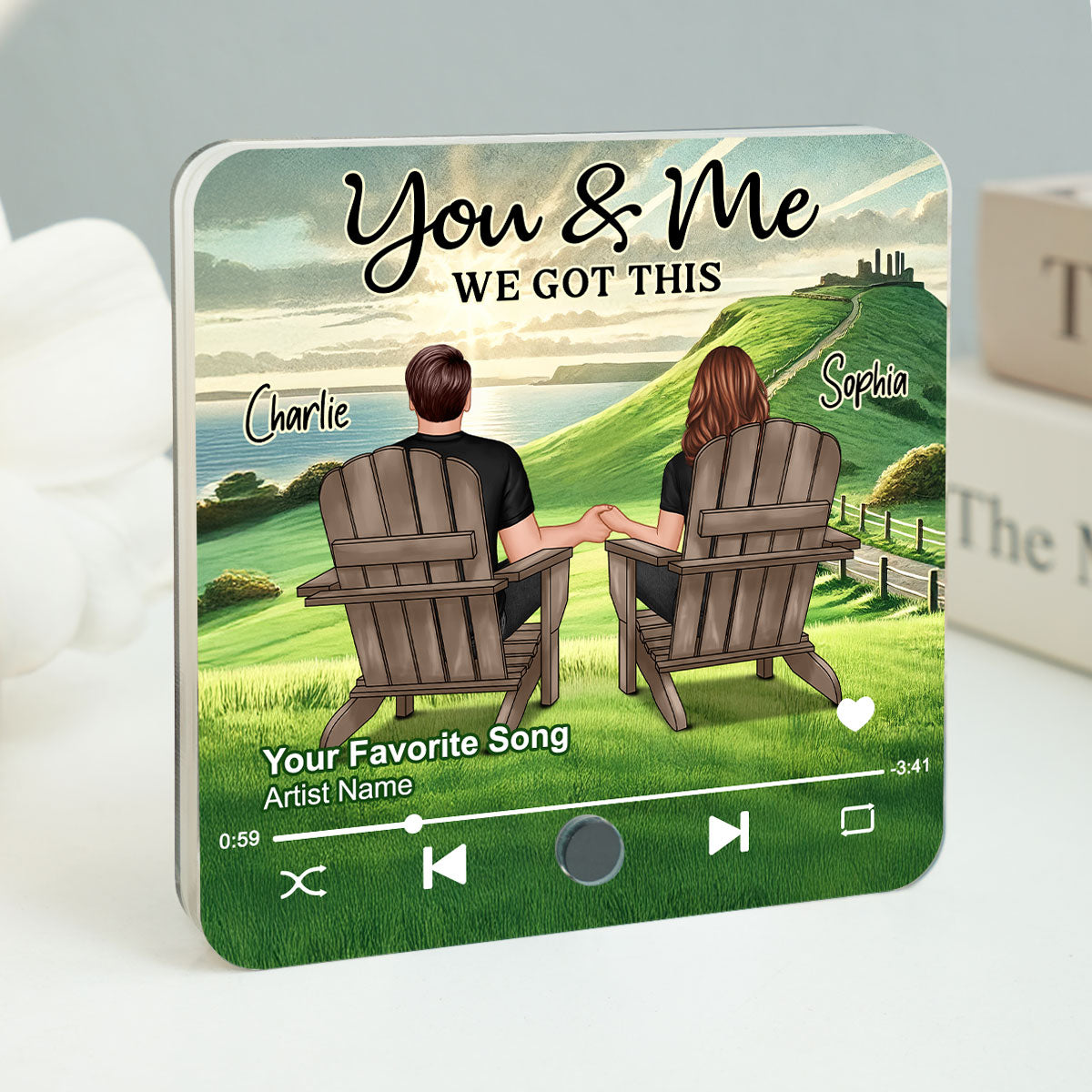 Back View Couple Sitting On Grass Hill Personalized Music Fridge Magnet, Heartfelt Gift For Couple, For Him, For Her