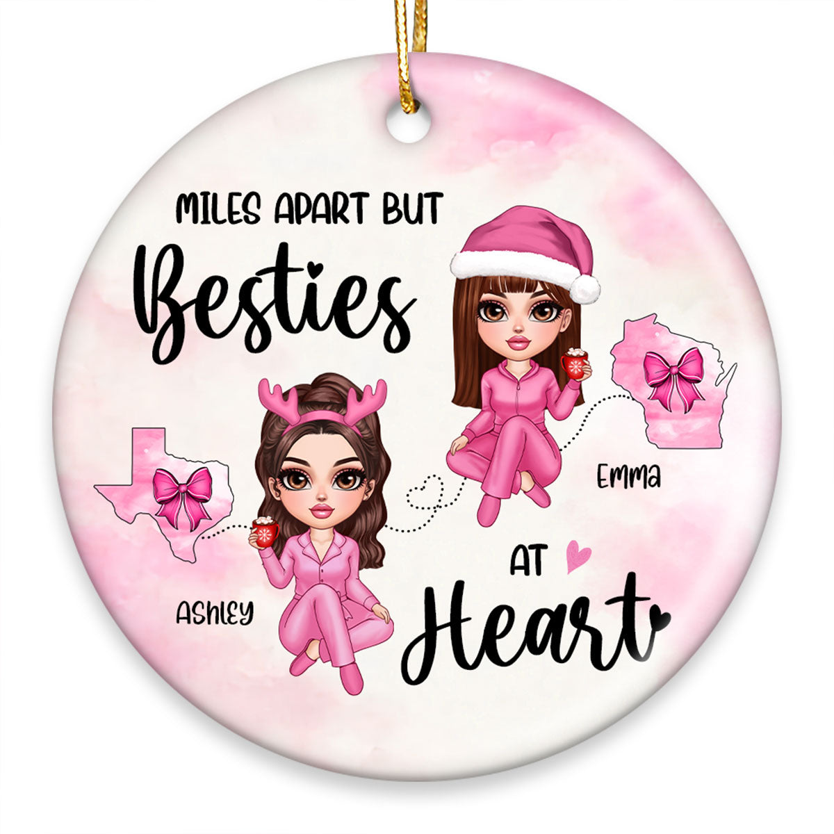 Long Distance Coquette Besties Sisters Personalized Circle Ornament, Christmas Gift