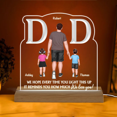 Dear Dad Back View Man Dad And Kids Walking Personalized Custom Shape Acrylic Plaque Warm LED Night Light