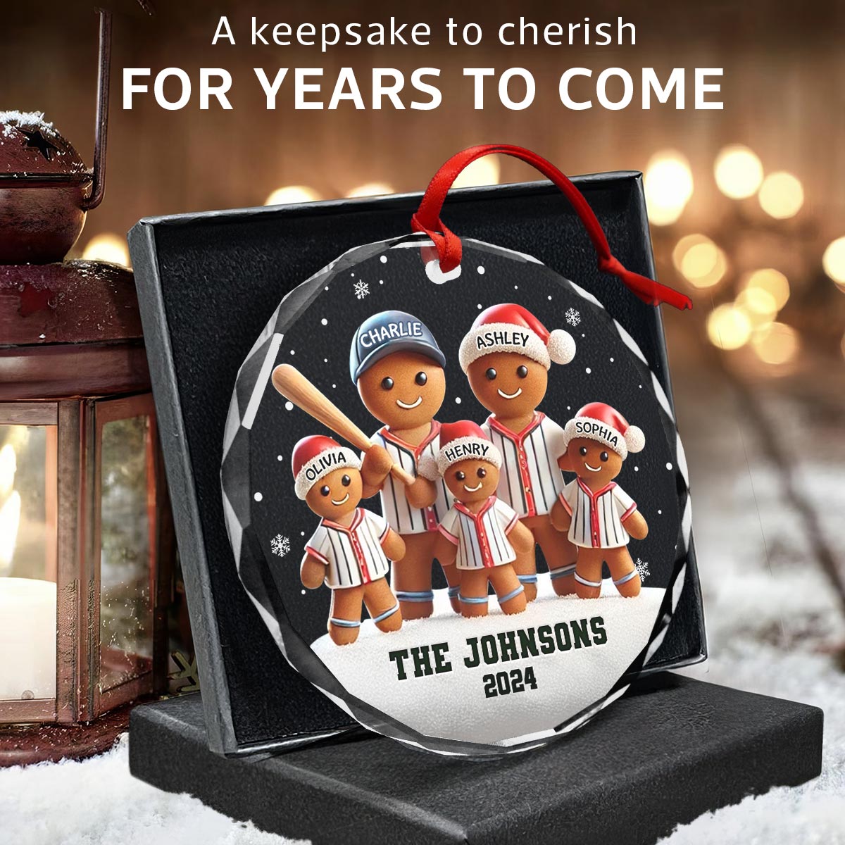 Baseball Gingerbread Family Sport Lover 3D Effect Personalized Glass Ornament