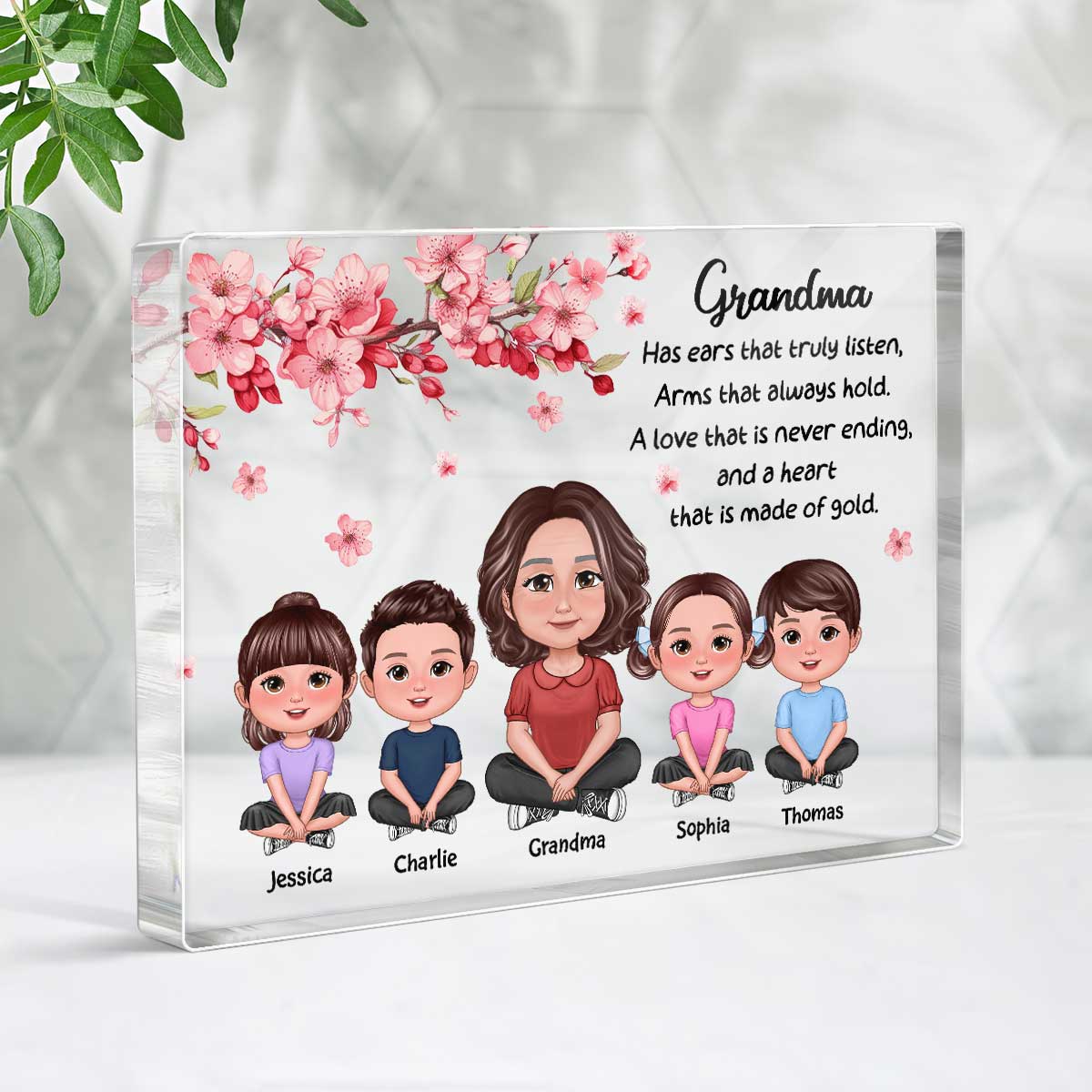 Grandma Grandkids Sitting Crossed Legs Under Flowers Gift For Grandma Personalized Acrylic Rectangle Plaque