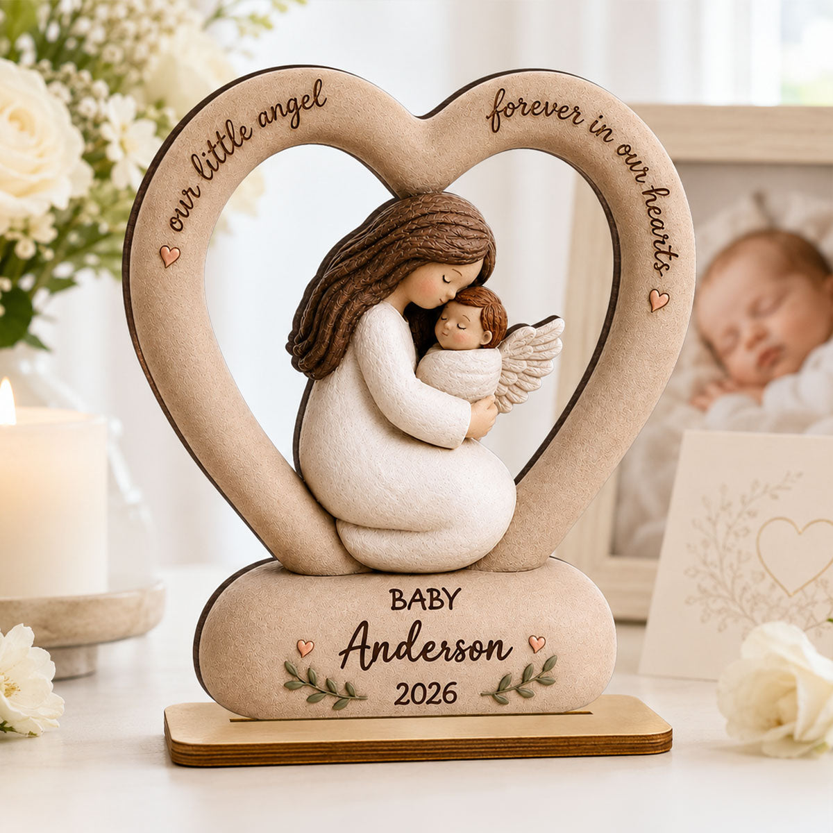 Our Little Angel Forever In Our Hearts - Personalized 2-Layered Wooden Plaque - Memorial Gift