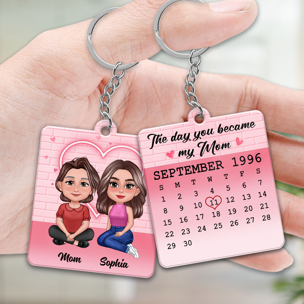 Pretty Doll Mother Daughters Pink Brick Calendar Date Personalized Acrylic Keychain