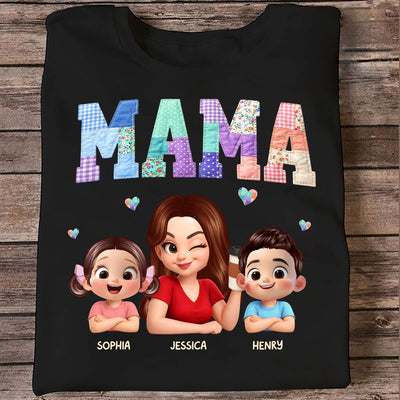 Patchwork Floral Mama Faux Embroidered - Personalized Shirt - Gift for Mom