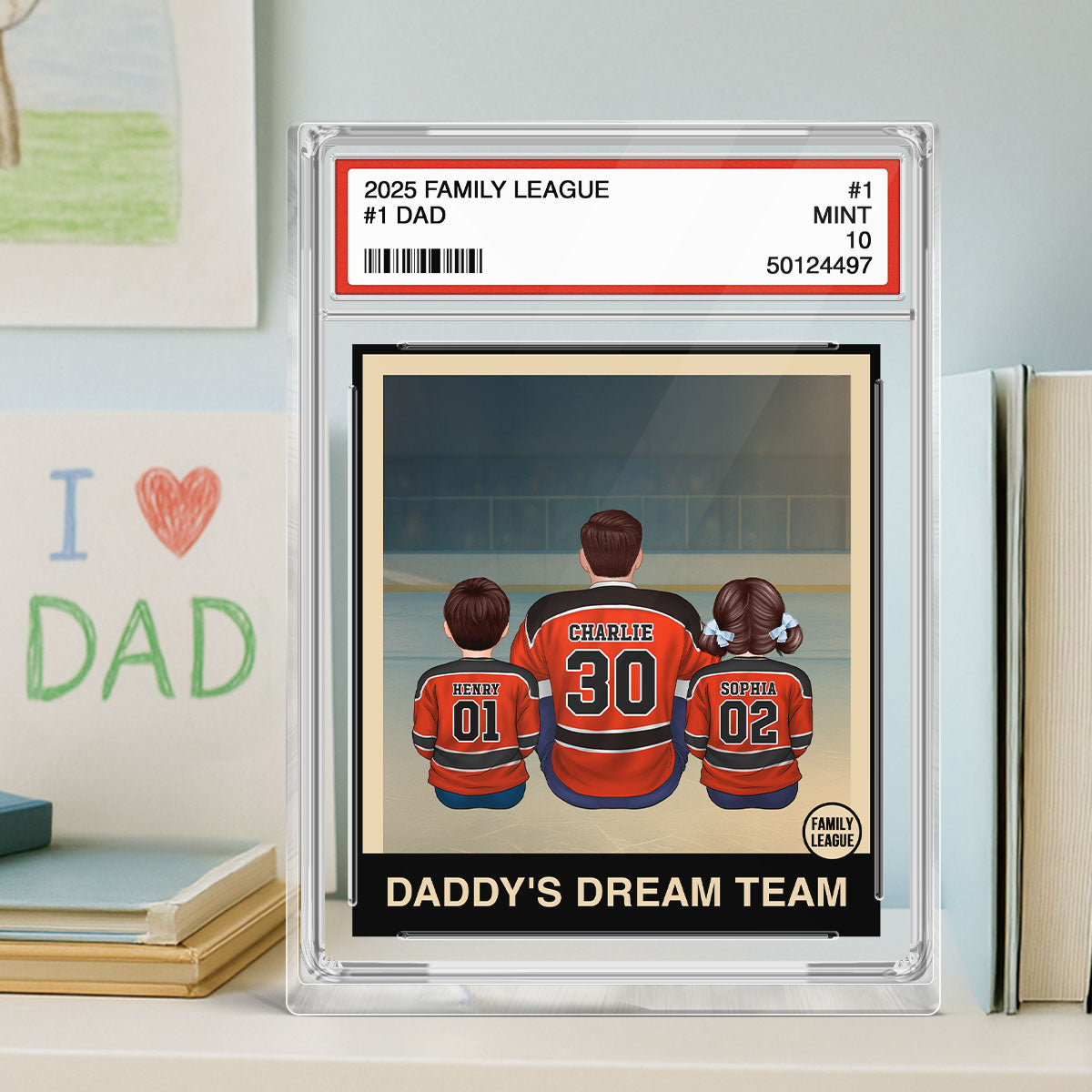 Hockey No. 1 Dad Man & Kids Sitting Trading Card Style Personalized Acrylic Block Plaque
