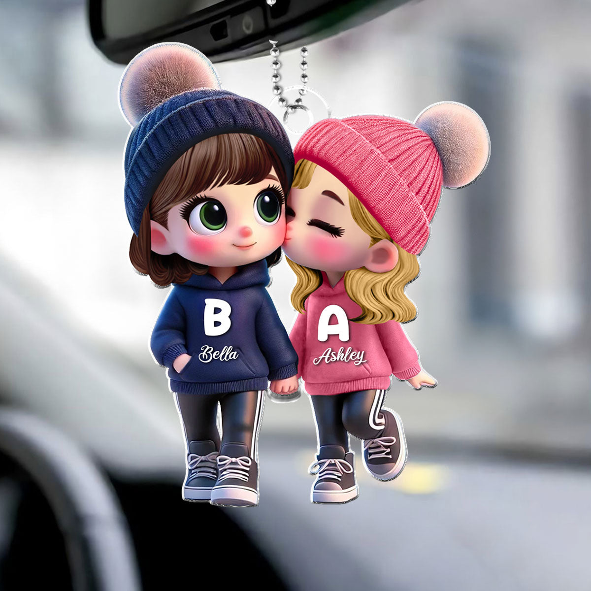 Personalized 3D Cartoon Lesbian Couple Car Ornament – Cute Acrylic Gift for Pride Month
