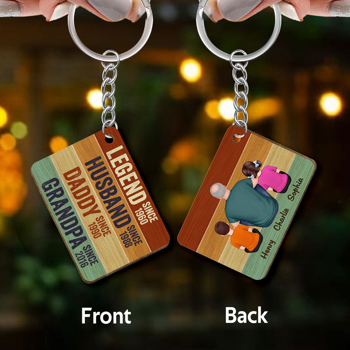 Legend Dad Grandpa Retro Palette Back View Man & Kids Personalized Wooden Keychain