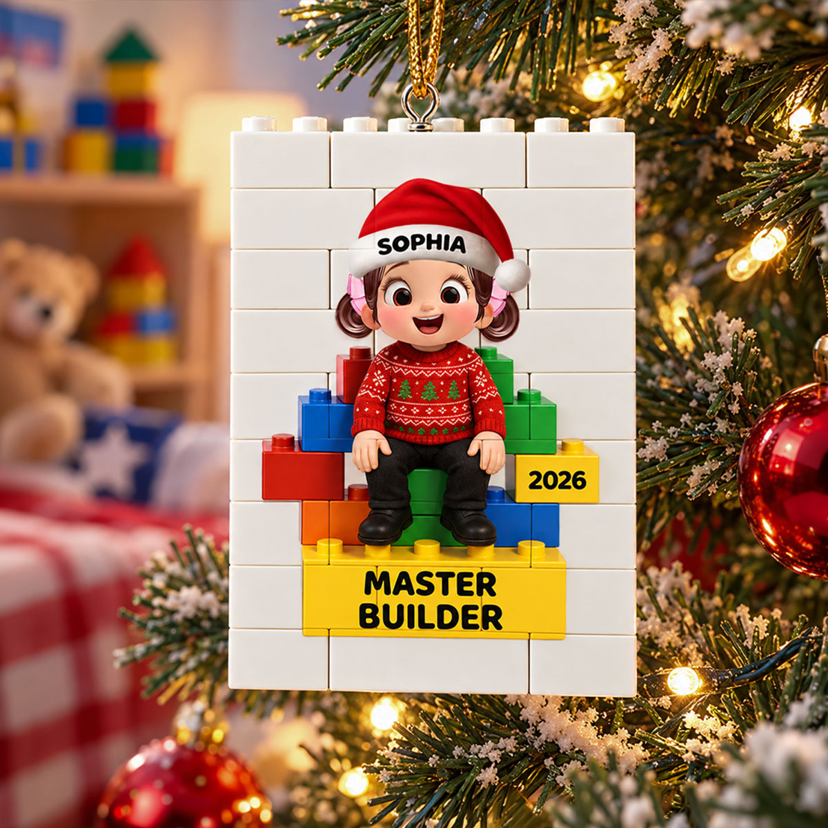 Little Kid Master Builder - Personalized Building Blocks Ornament - Christmas Gift For Kids, Son, Grandson, Daughter, Granddaughter