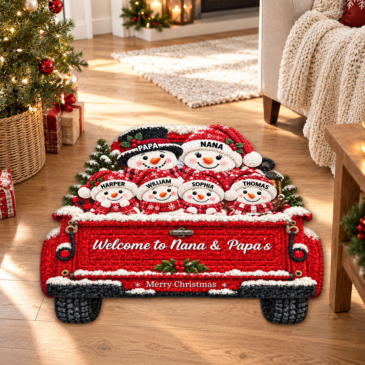Christmas Cute Snowman Family On Truck 2D Flat Printed - Personalized Doormat - Christmas Decor For Family, Grandparents
