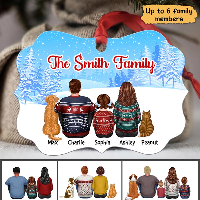 Back View Family Dad Mom Kids Dogs Cats Personalized Christmas Ornament