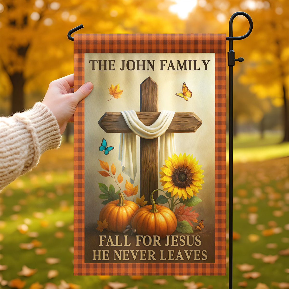 Fall for Jesus He Never Leaves Personalized Garden Flag, Fall Decor