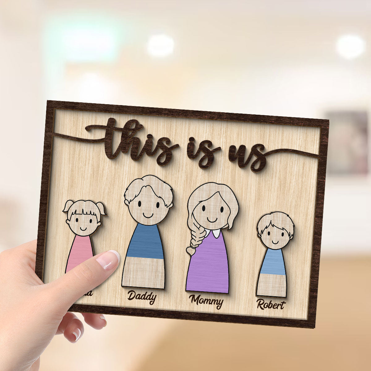 Simple Cartoon Family This Is Us Home Decor Personalized 2-Layer Wooden Plaque