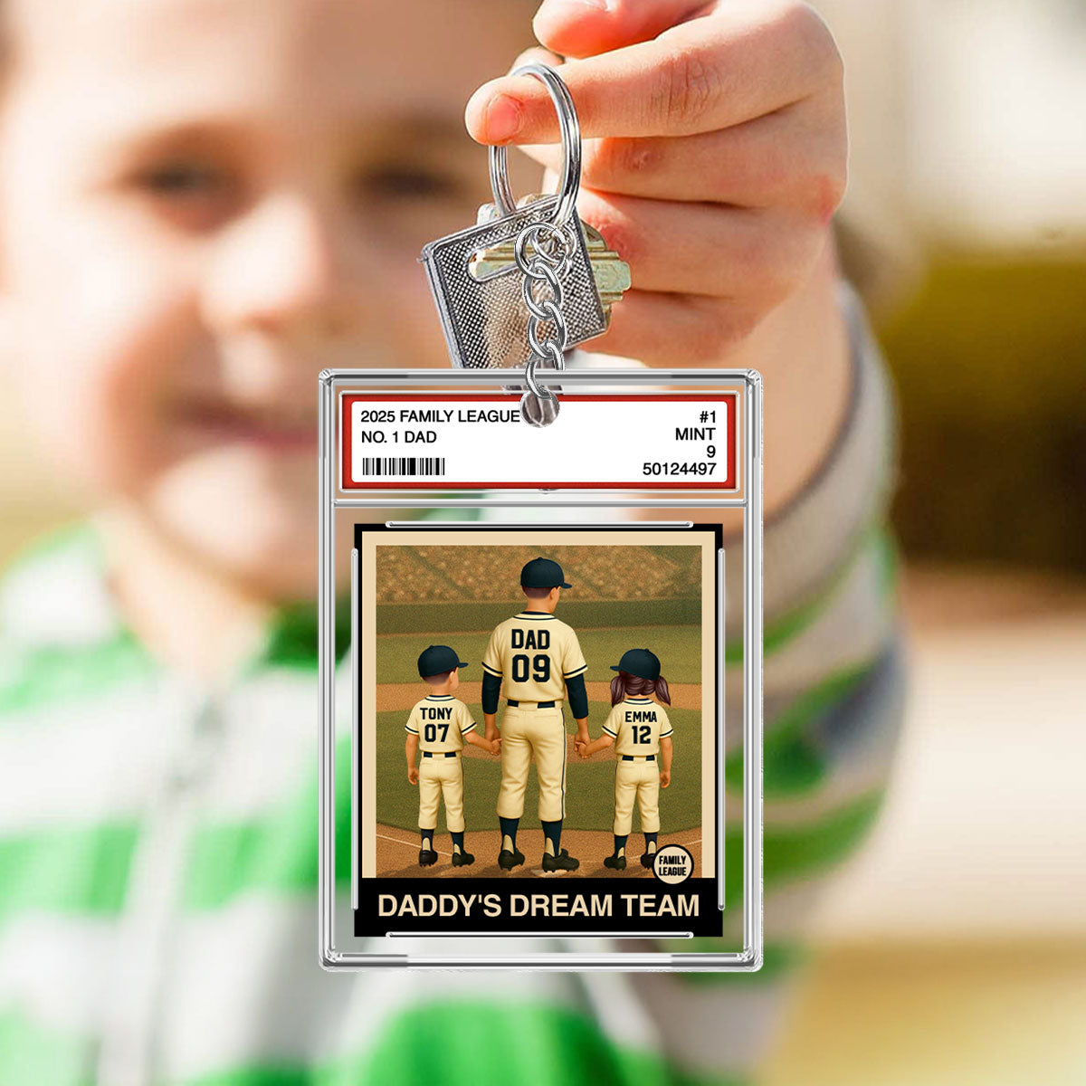 Baseball No. 1 Dad Man & Kids Trading Card Style Personalized Acrylic Keychain