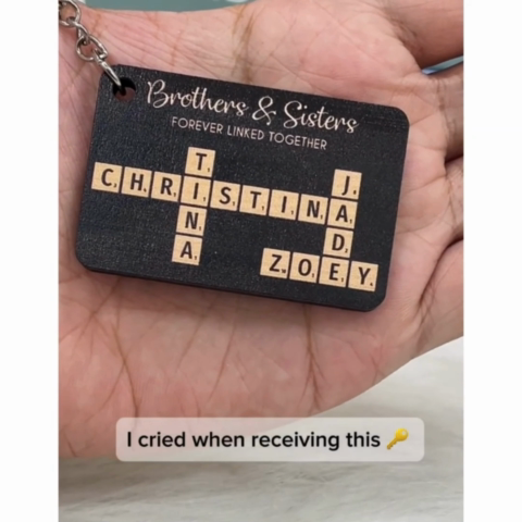 Brothers & Sisters Forever Linked Together Crossword Puzzle Art Personalized Wooden Keychain, Christmas Gift For Brothers, Sisters, Siblings, Family