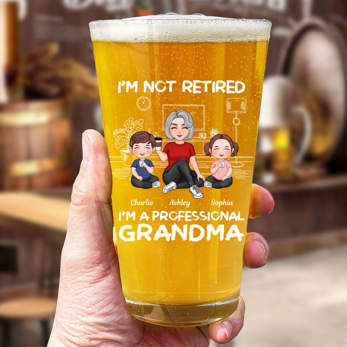 I'm Not Retired I'm A Professional Grandma Grandkids Sitting Together Beer Glass, Retirement Gift