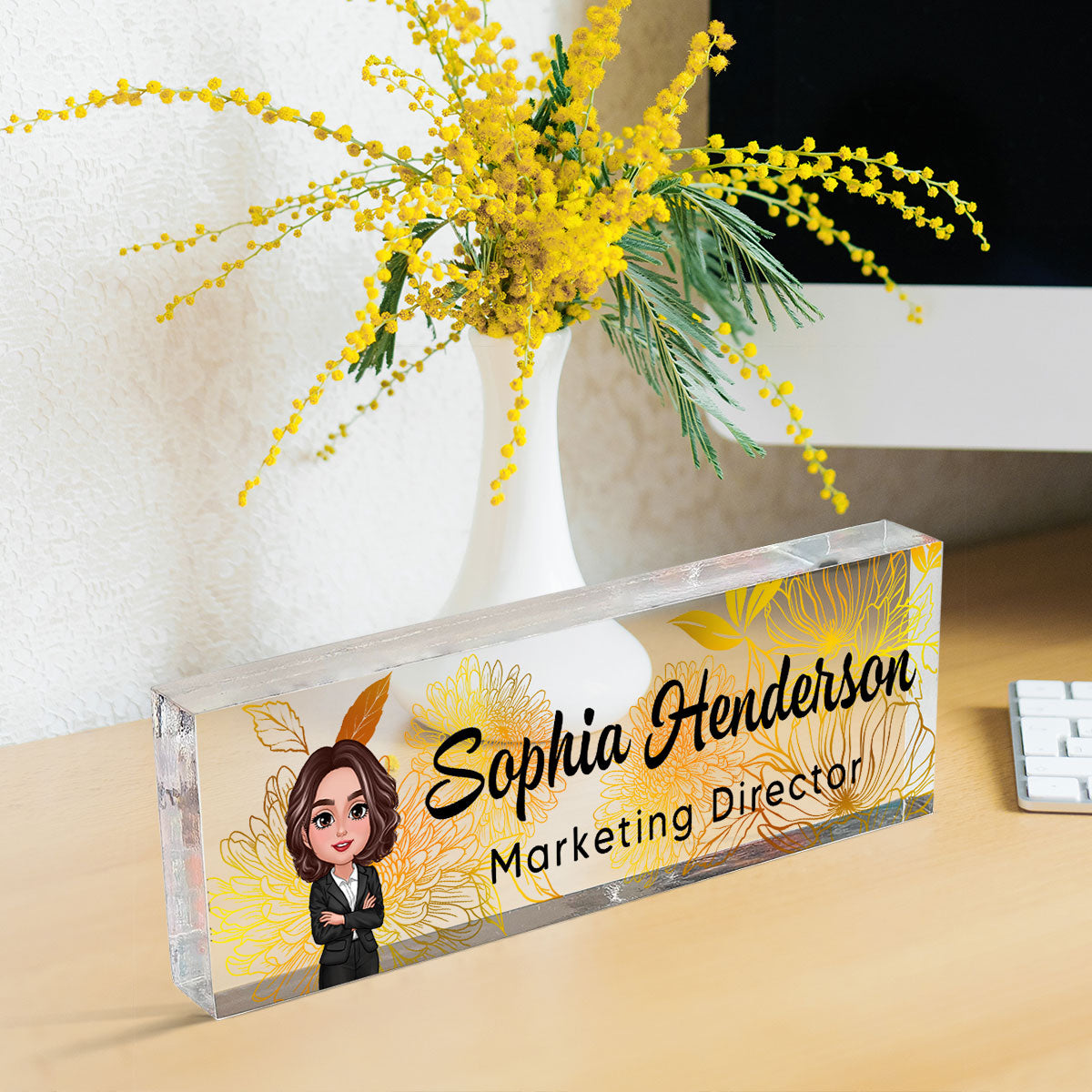 Floral Line Art Woman Man Office Personalized Desk Name Plate| Unique Gift For Colleagues, Boss
