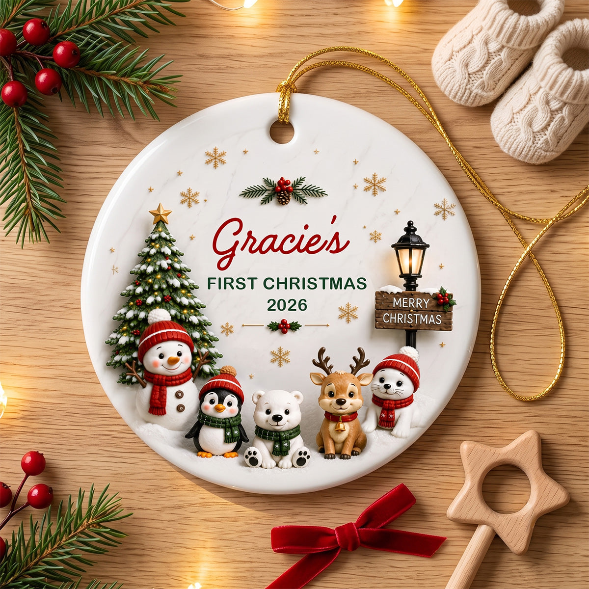 Cute Winter Friends Baby’s First Christmas - Personalized Ceramic 2026 Ornament – Christmas Keepsake
