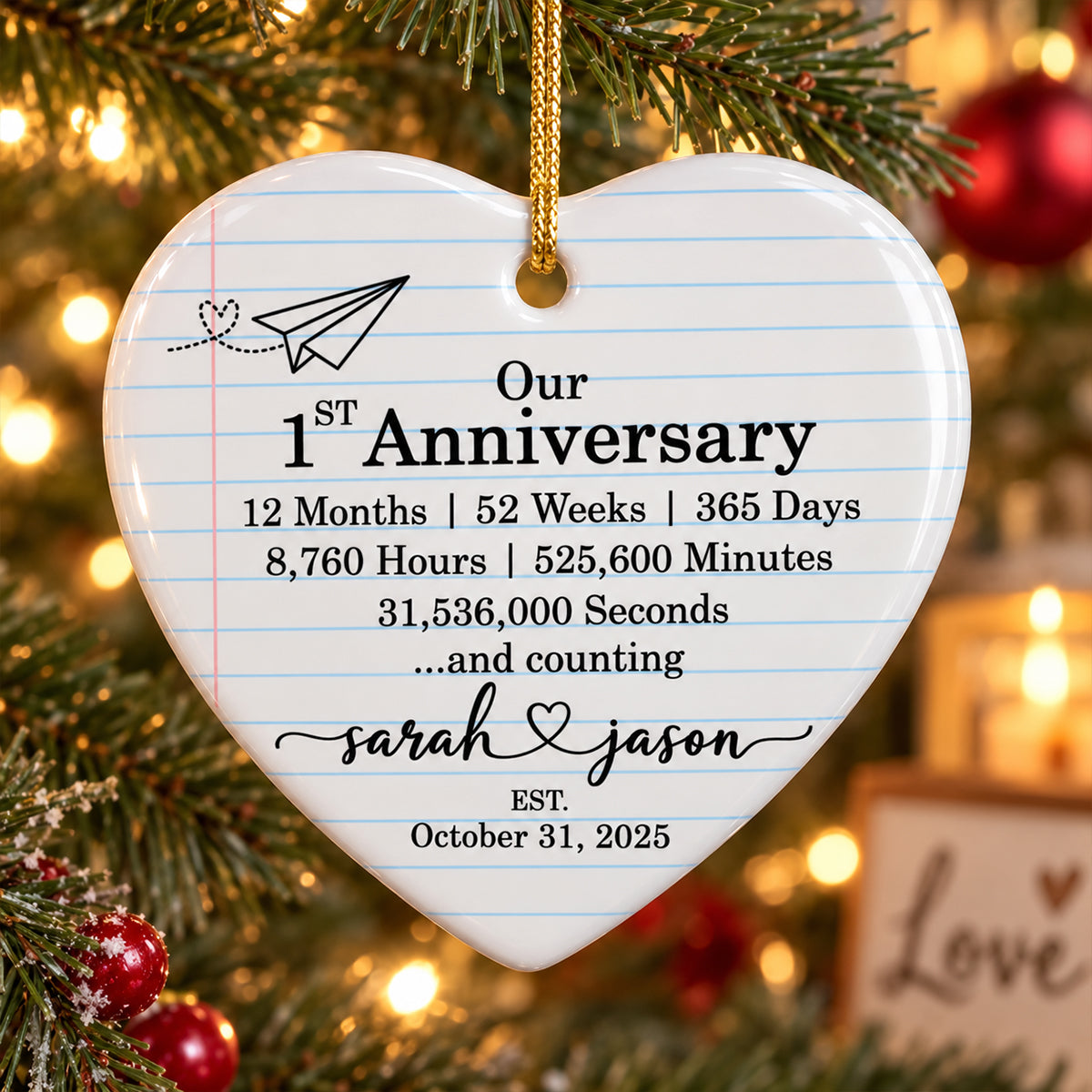 Our 1st Anniversary - Personalized Ceramic Ornament - Paper Traditional Gift for Her, Gift for Him, Christmas Keepsake