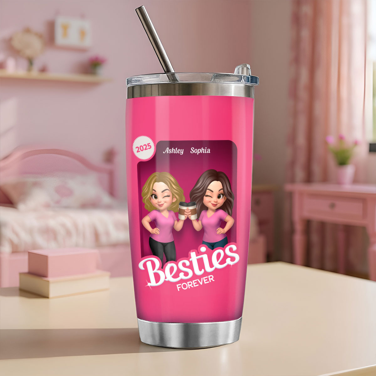Besties Partner In Crime Pink 3D Effect Action Figure - Personalized Tumbler