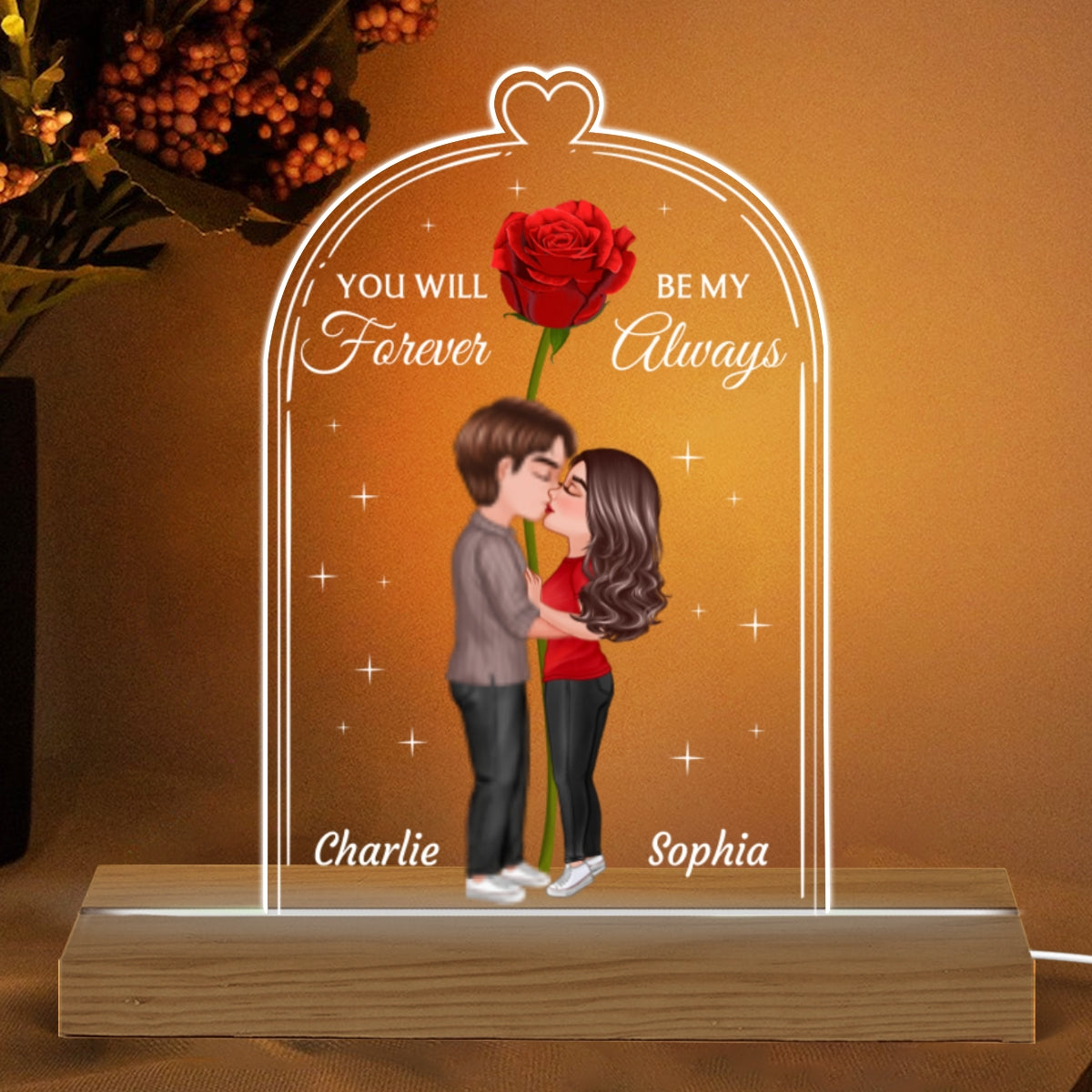 Doll Couple Kissing Rose Personalized Jar Shaped Acrylic Plaque With LED Night Light