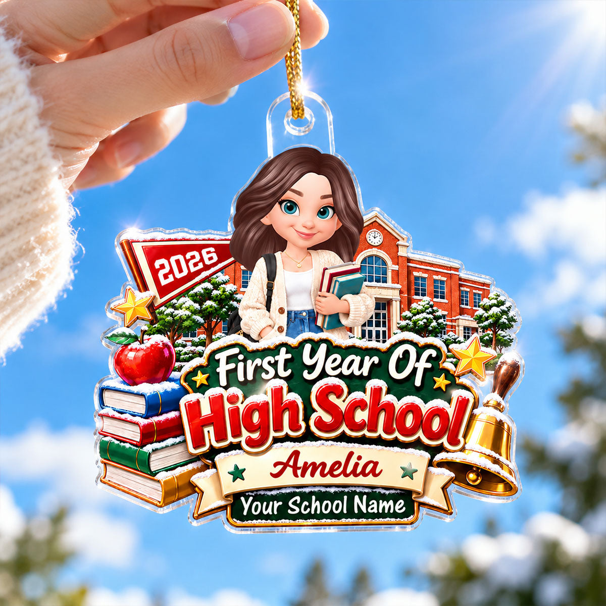 First Year Of High School Snowy Schoolhouse - Personalized Acrylic Ornament - Christmas Gift For Freshman, Son, Daughter, Grandkids