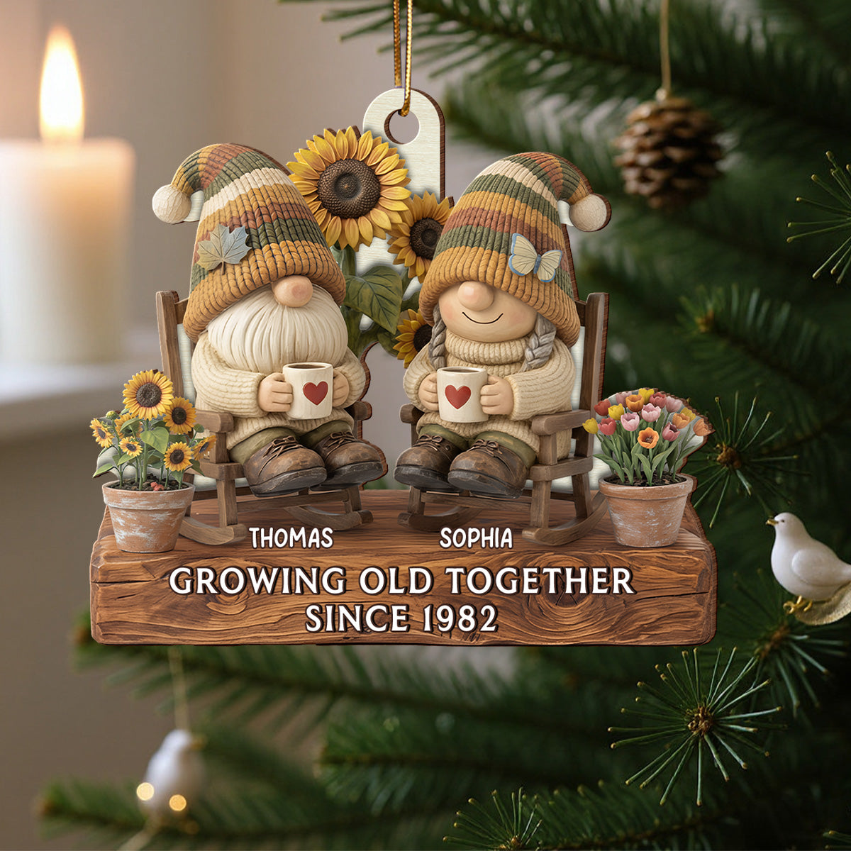 3D Effect Vintage Gnome Couple Grow Old Together - Personalized Wooden Ornament