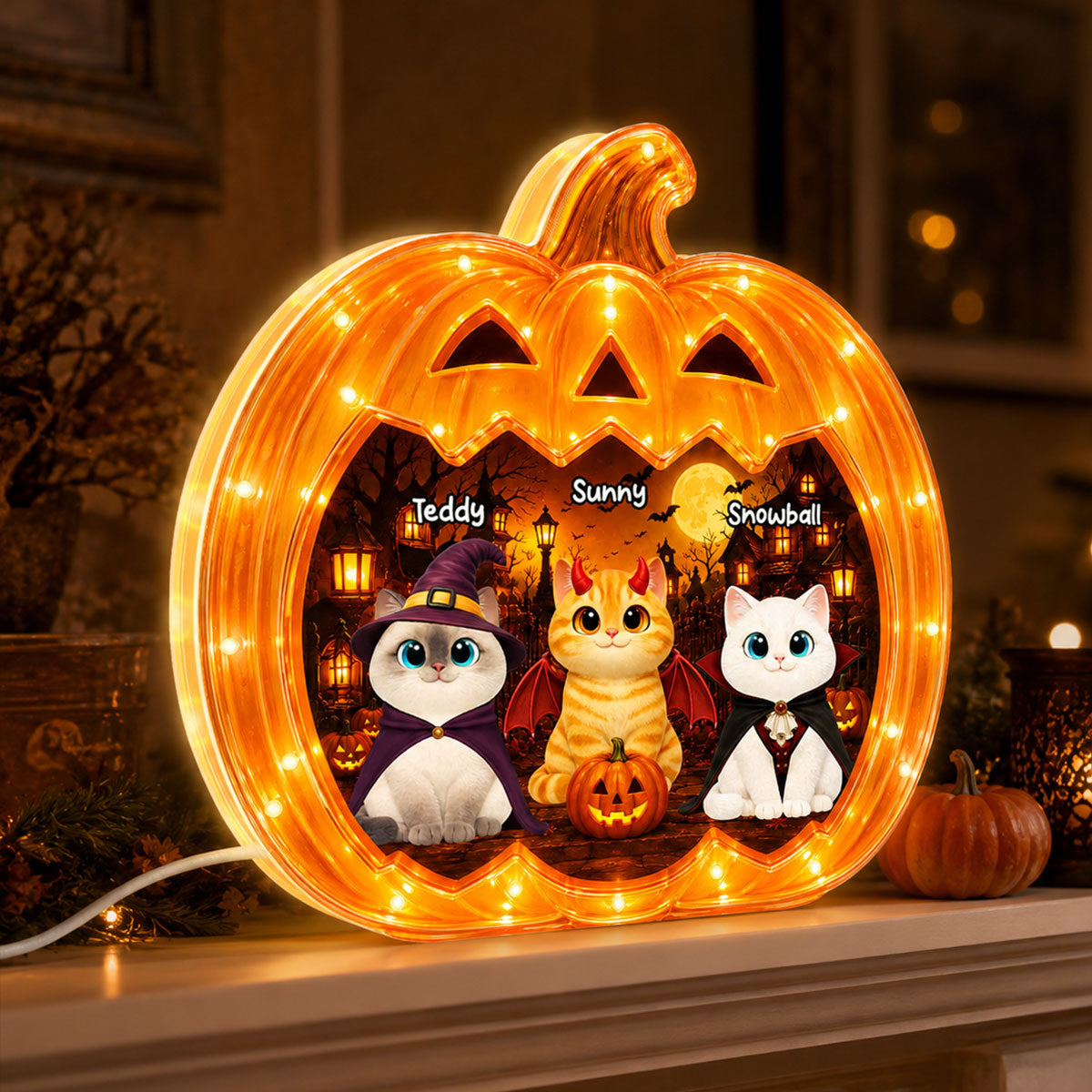 Spooky Halloween Pumpkin Cats - Personalized Light Box - Halloween Decor For Cat Lovers