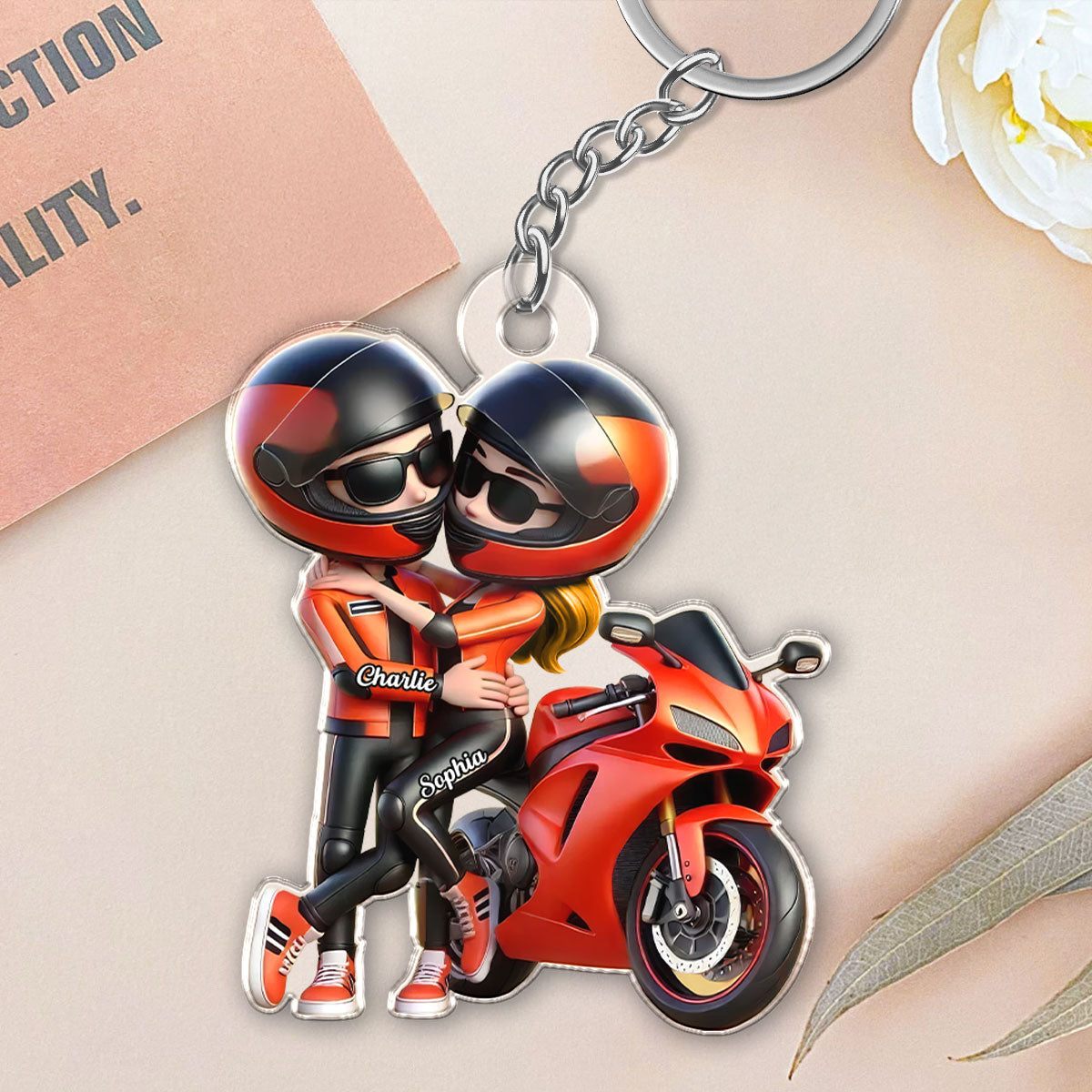 3D Effect Motorcycle Pretty Cartoon Couple Personalized Acrylic Keychain, Anniversary Birthday Gift For Him, For Biker Couple