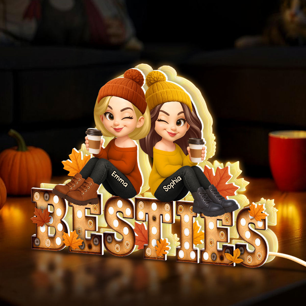 Fall Besties Sitting On Text Marquee Effect Personalized Light Box, Meaningful Gift For Best Friends