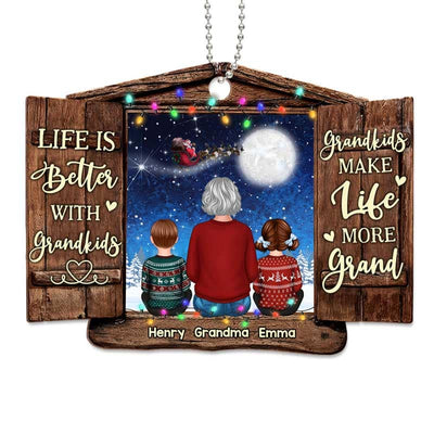 Grandma Grandkids Sitting By Window Personalized Christmas Wooden Ornament