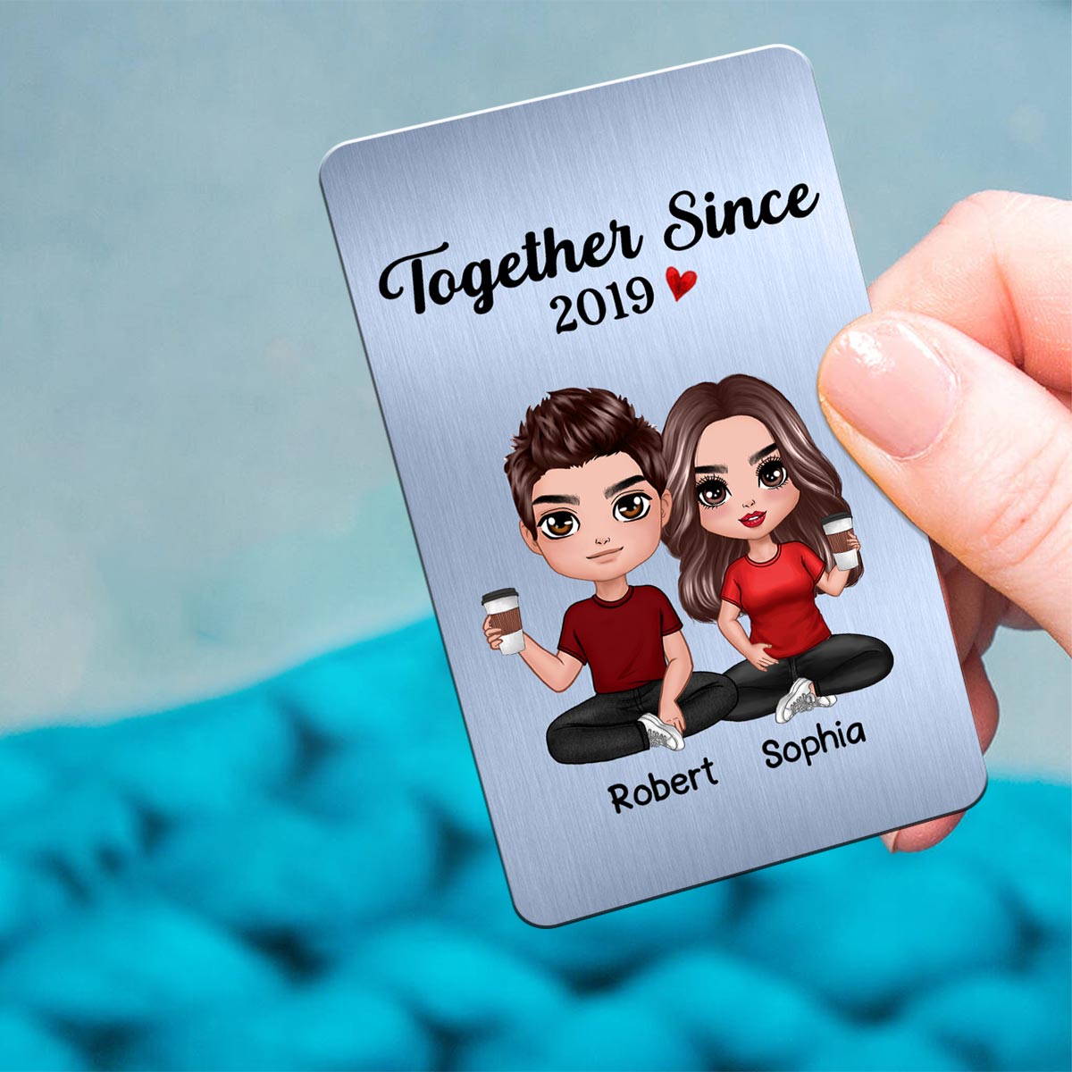 Doll Couple Sitting Together Since Favorite Song Scannable QR Code Wallet Keepsake Personalized Metal Wallet Card
