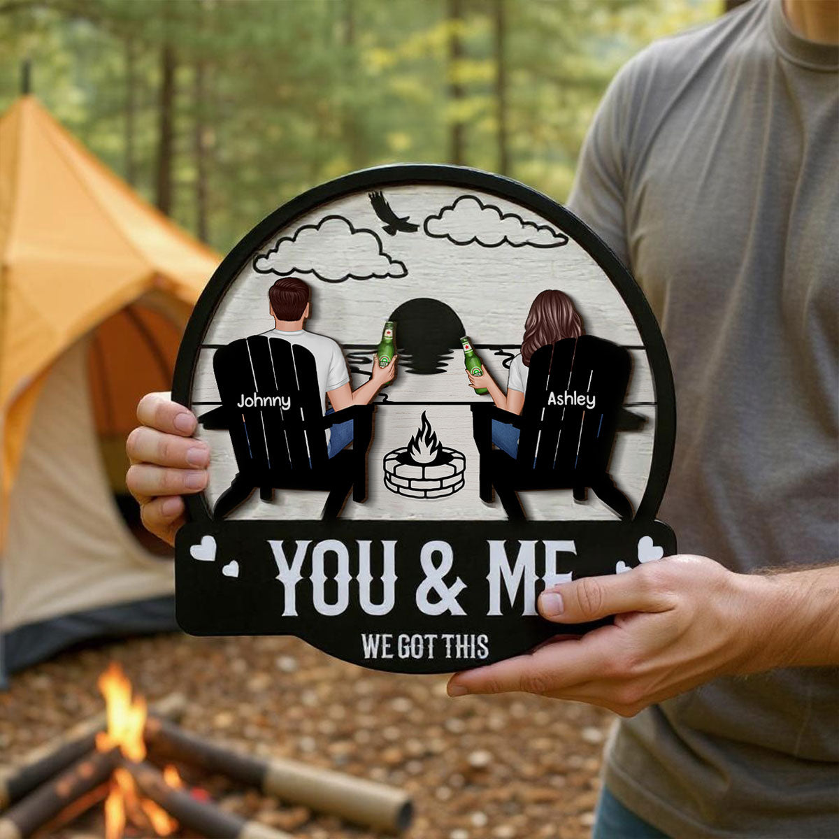 Camping Couple Sitting Back View, Campfire, Fire Pit Personalized Wood Sign