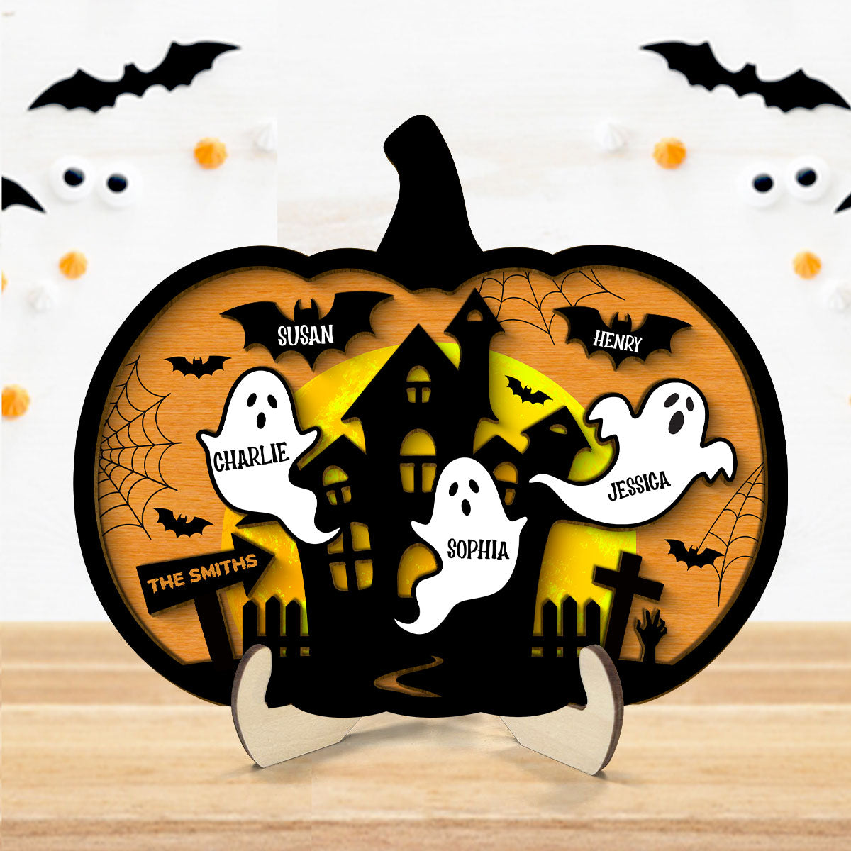 Halloween Boo Family Pumpkin Shaped Personalized 2 Layer Wooden Plaque