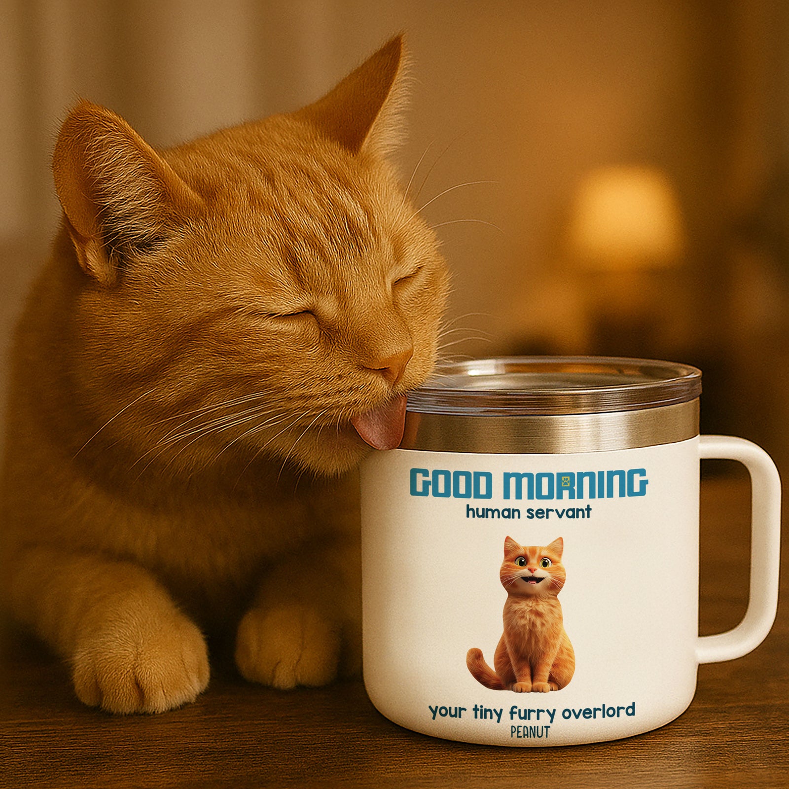 Good Morning Human Servant Personalized Stainless Steel Tumbler With Handle, Unique Gift for Cat Mom Cat Dad