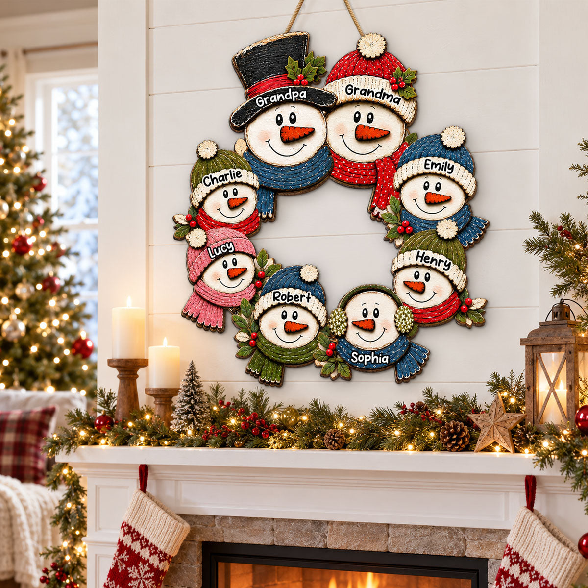 Grandpa Grandma Snowman Wreath - Personalized Wood Sign - Christmas Decoration For Porch, Window, Door