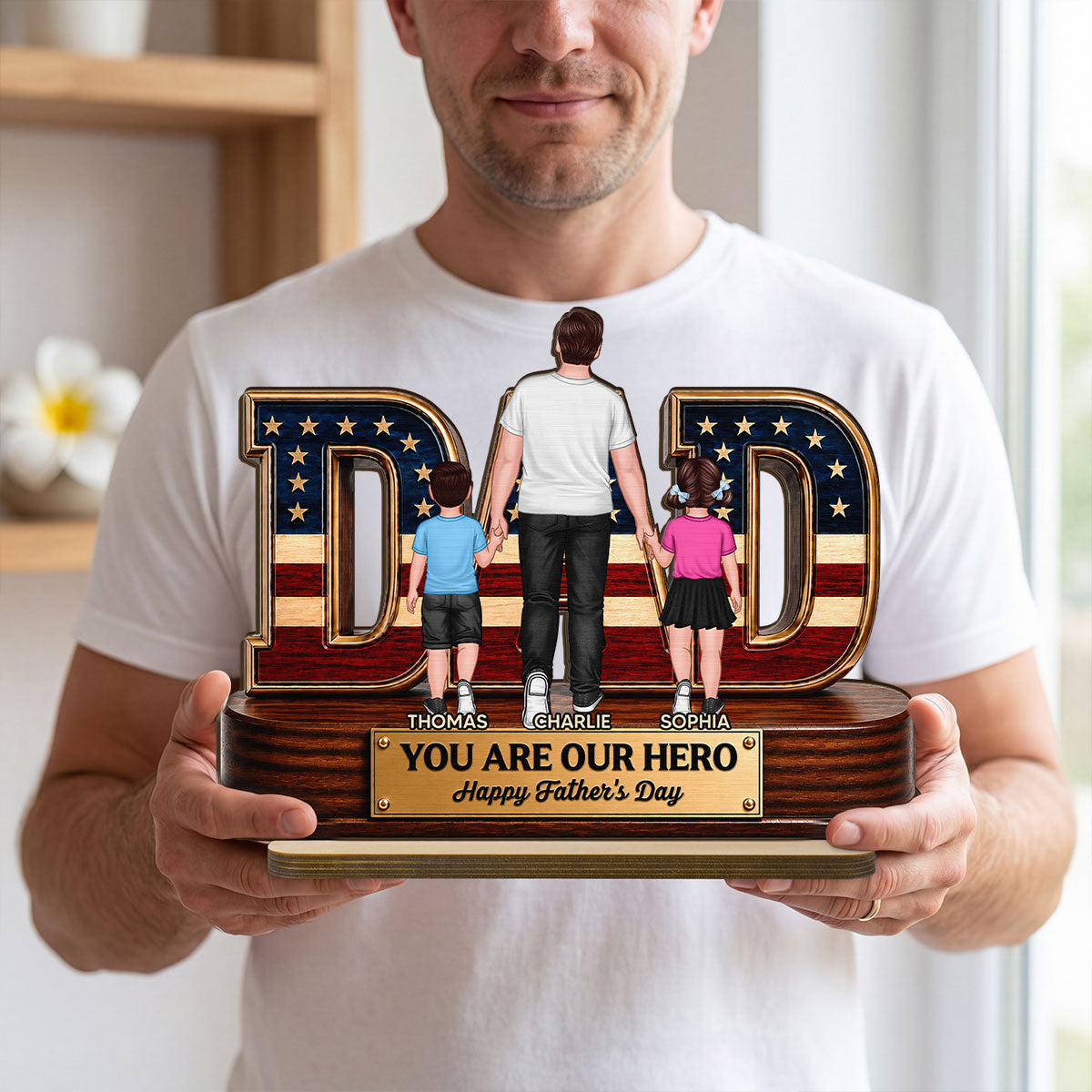 Nation Flag Dad And Kids You Are Our Hero - Personalized 2-Layered Wooden Plaque - Father's Day Gift For Dad, Husband