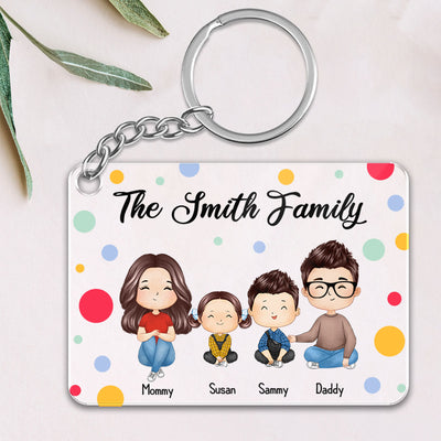 Polka Dot Pattern Whole Family Couple Dad Mom Kids Dogs Cats Watercolor Styles Sitting Personalized Acrylic Keychain