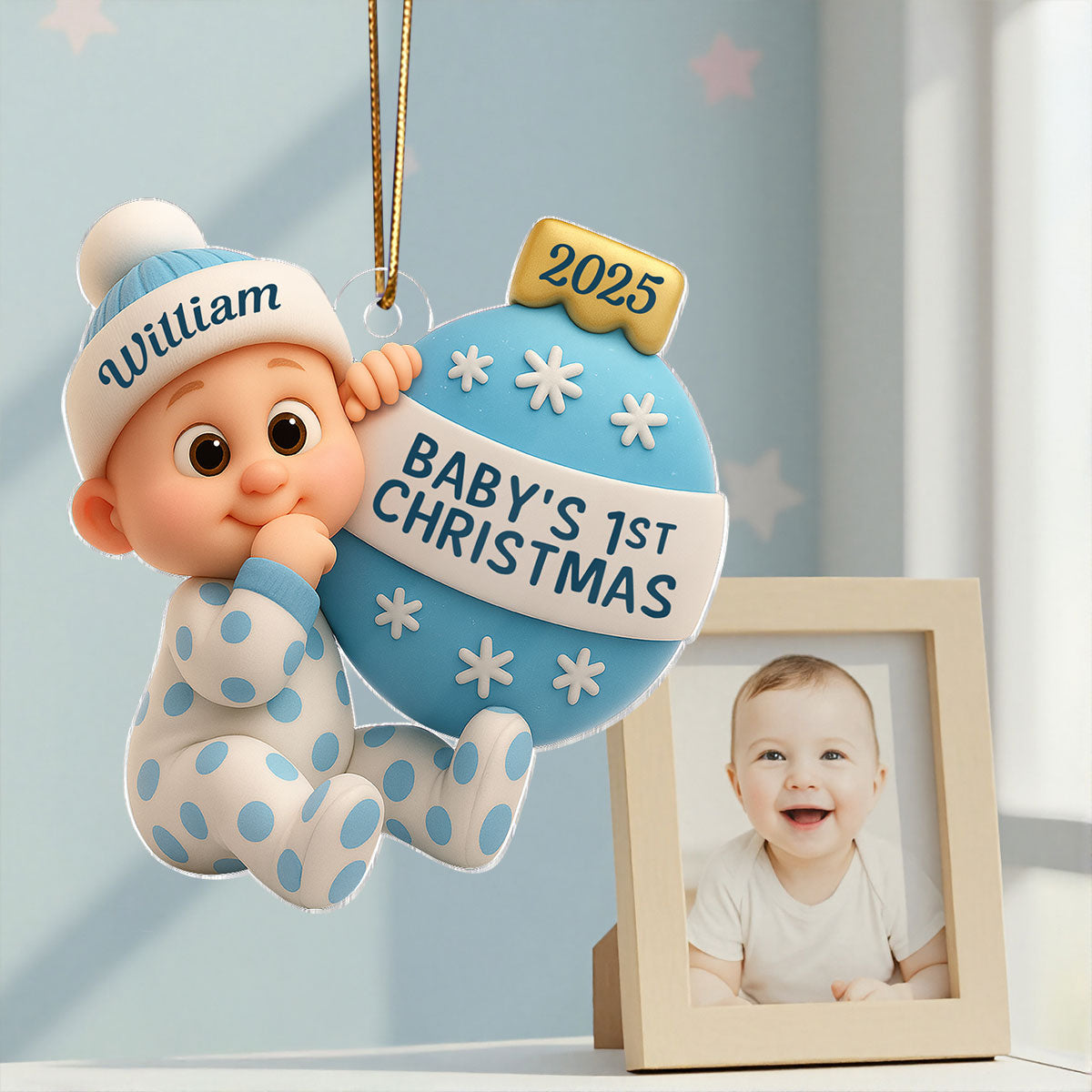 3D Effect Cute Cartoon Baby Beside Christmas Bauble Baby's 1st Christmas Personalized Acrylic Flat Ornament