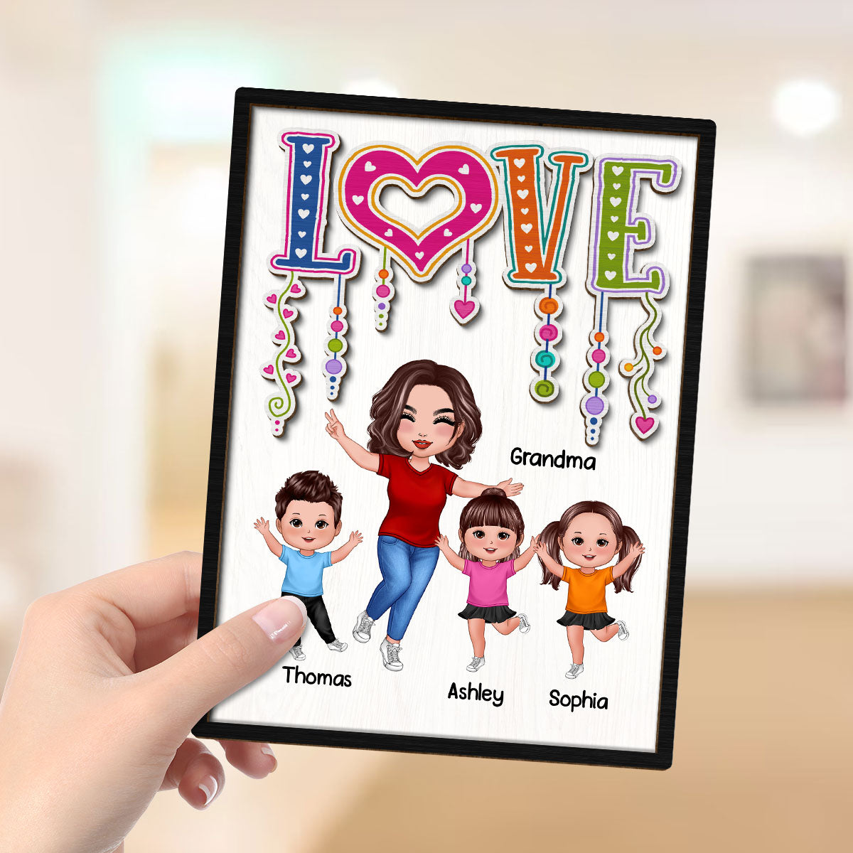 LOVE Happy Doll Grandma Mom With Kids Personalized 2-Layer Wooden Plaque