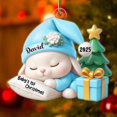 Baby's 1st Christmas Sleeping Bunny in Soft Pajamas Personalized Acrylic Ornament, Christmas Keepsake for New Mom, Dad