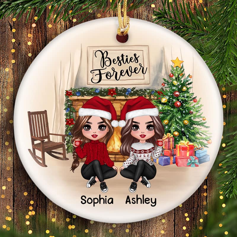 Doll Besties Sitting At Christmas Fireplace Personalized Circle Ornament