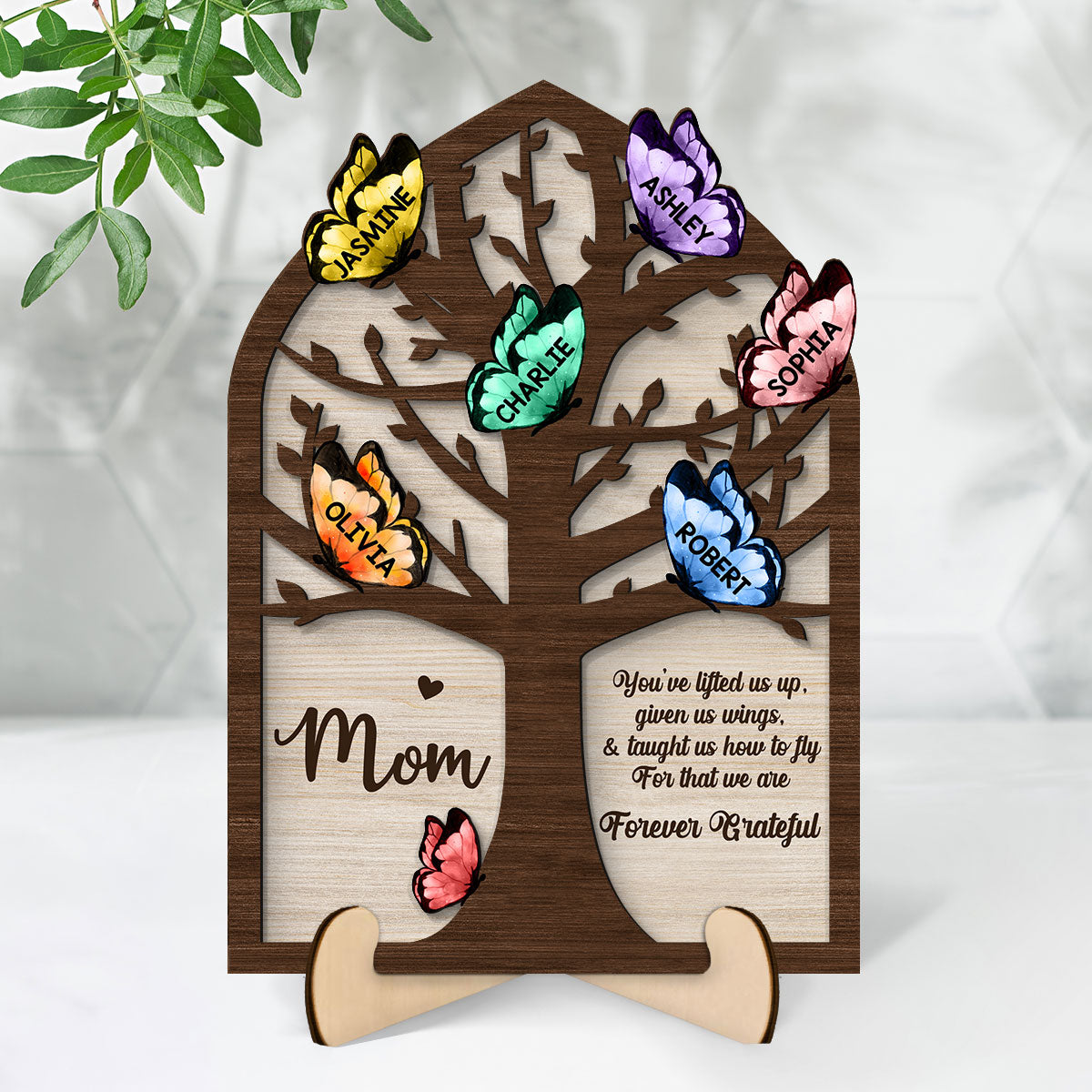 Grandma Mom Tree Butterflies Personalized 2-layer Wooden Plaque