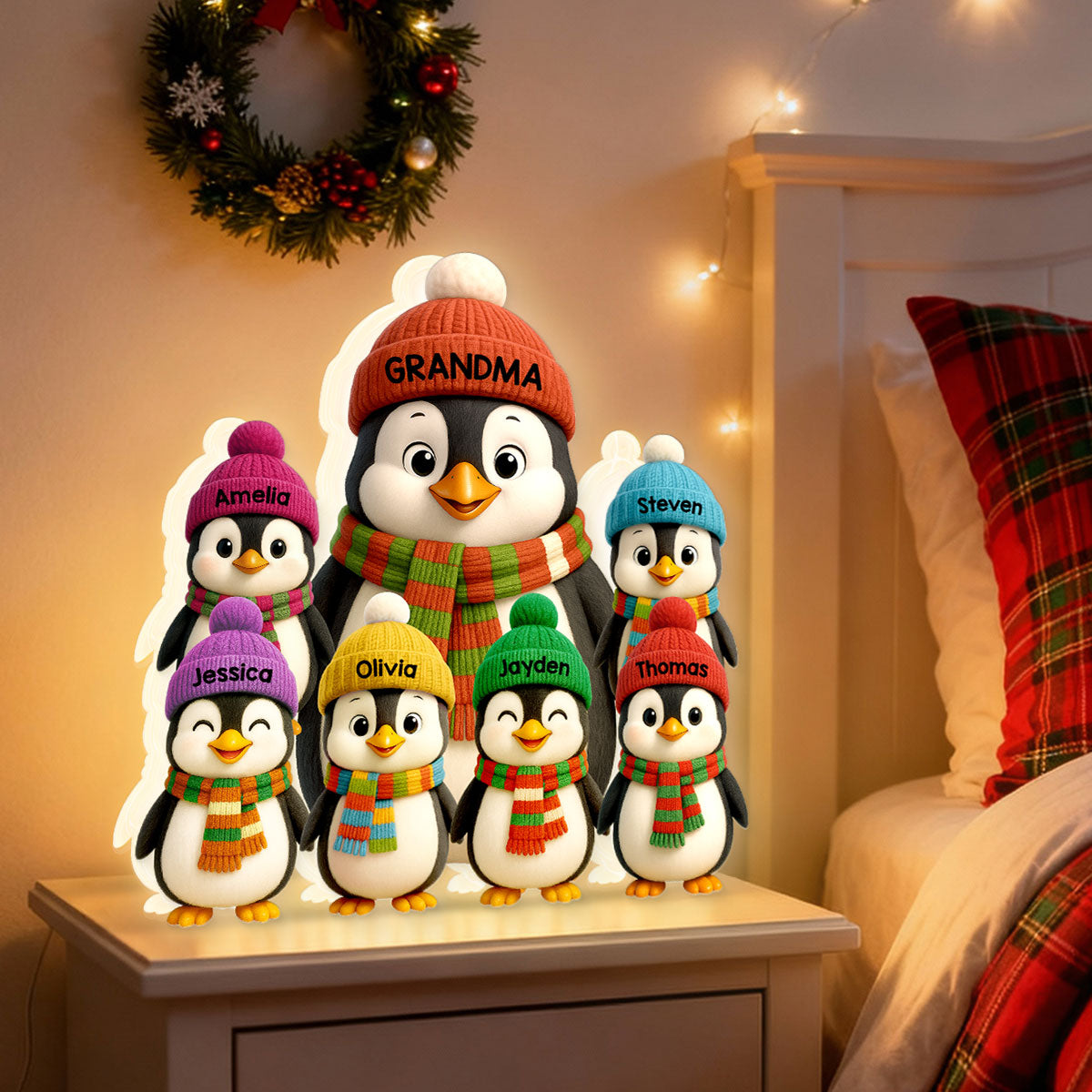 3D Effect Heartwarming Christmas Penguins Grandma Grandkids - Personalized Light Box