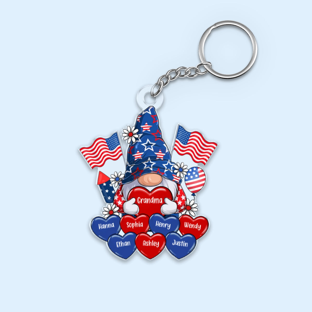 American Gnome Grandma Mom Heart, 4th Of July Personalized Acrylic Keychain