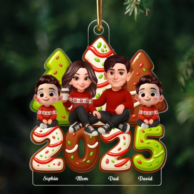 Christmas Tree Cake Family Sitting 2025 Personalized Acrylic Ornament, Christmas Decor for Family