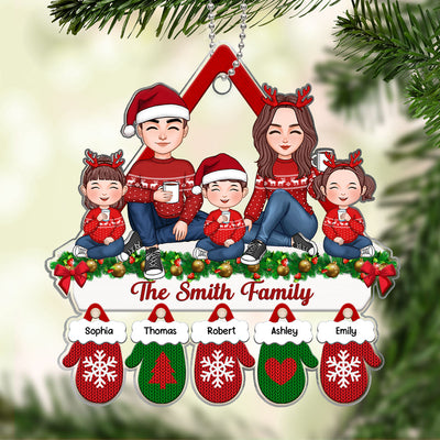 Cute Family Dad Mom Kids Dogs Cats Sitting On Fireplace Mantel Gloves Christmas Gift Personalized Acrylic Ornament