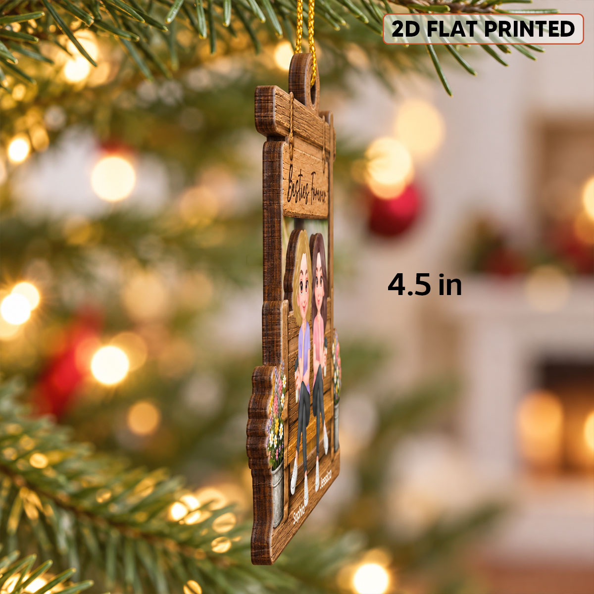 Besties Sisters Sitting Under Sign Post - Personalized Wooden Ornament - Christmas Gift for Best Friends, Sisters