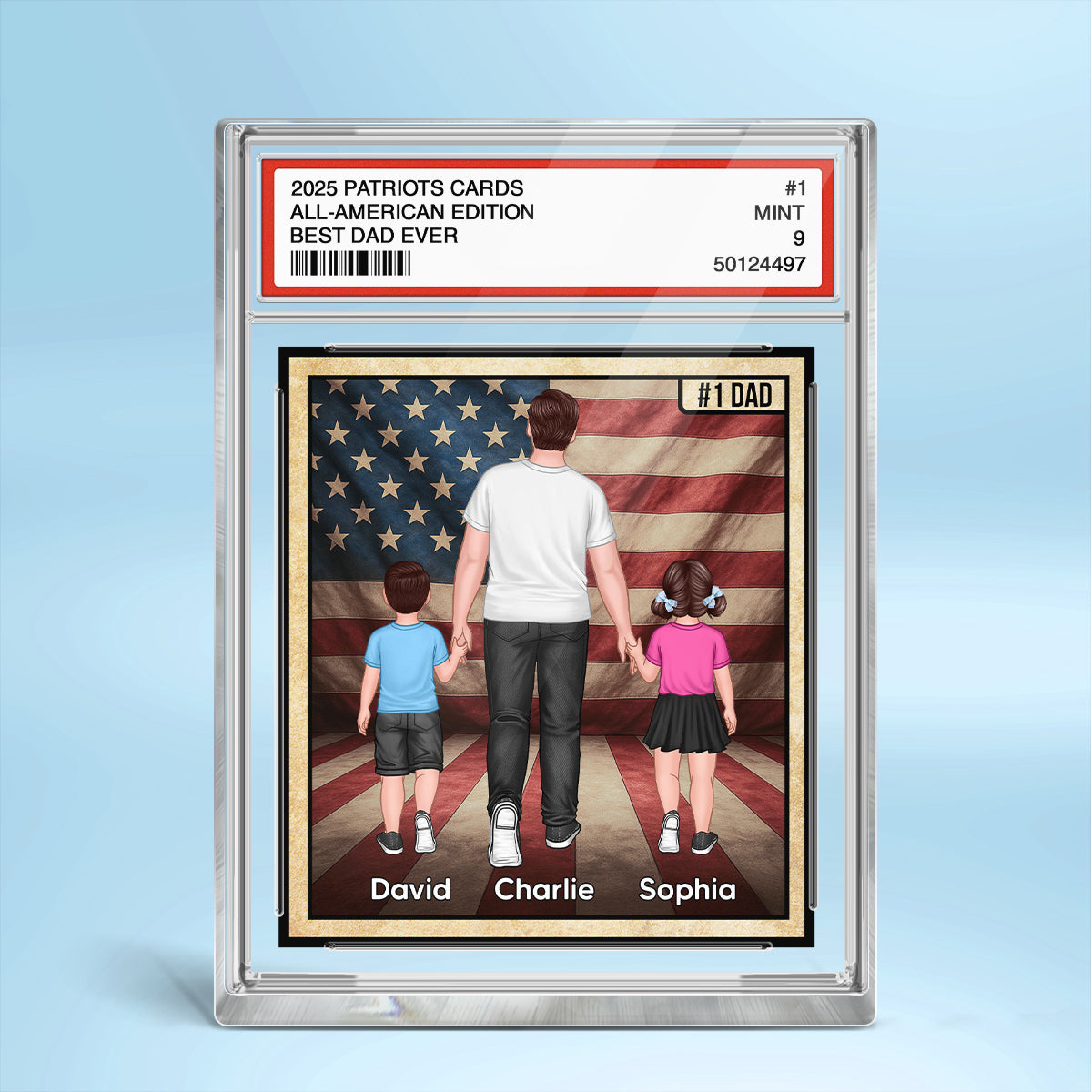 Nation Flag Dad & Kids Walking Patriotic Dad Trading Card Style Personalized Acrylic Block Plaque
