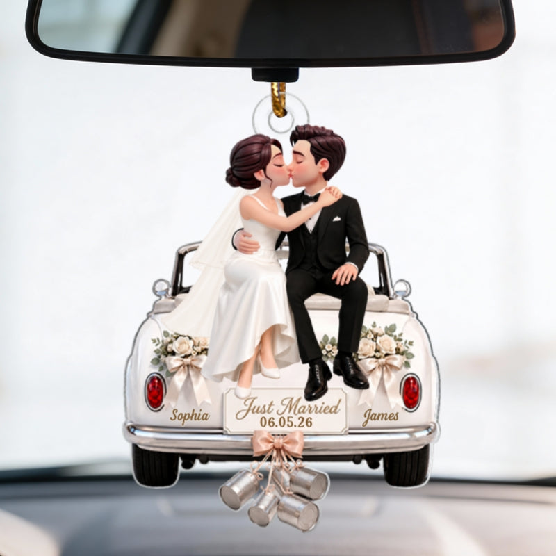Groom Bride Sitting On Wedding Car 2D Flat - Personalized Acrylic Ornament - Wedding Keepsake